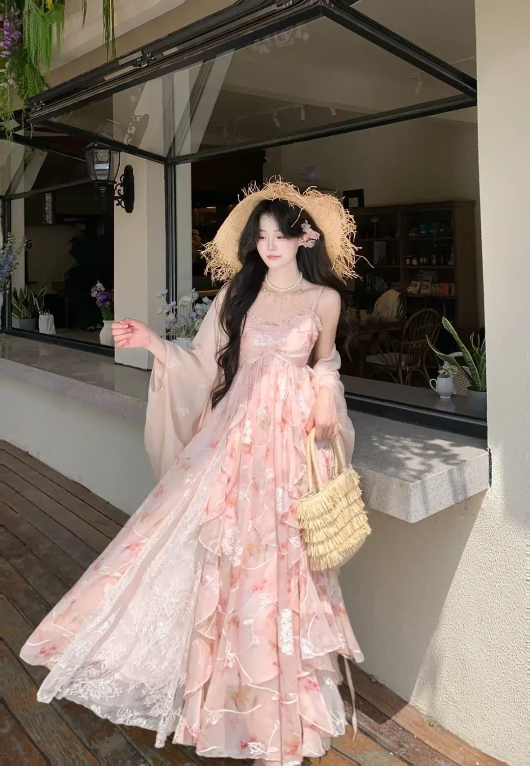 Chic A-line Pink Long Evening Dress Spaghetti Straps Ruffled Lace Prom Dress TH085