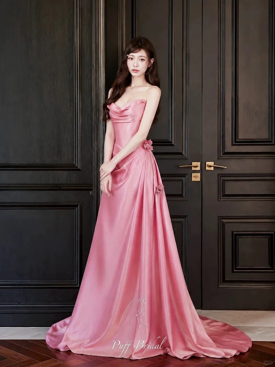 Chic A-line Pink Long Evening Dress Off-the-Shoulder Satin Prom Dress TH088