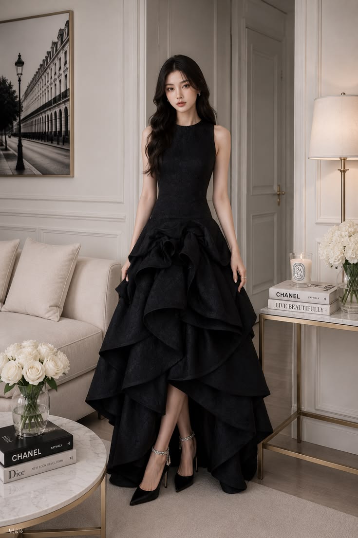 Elegant A-line Black Long Evening Dress Round Neck Ruffled Prom Dress TH091
