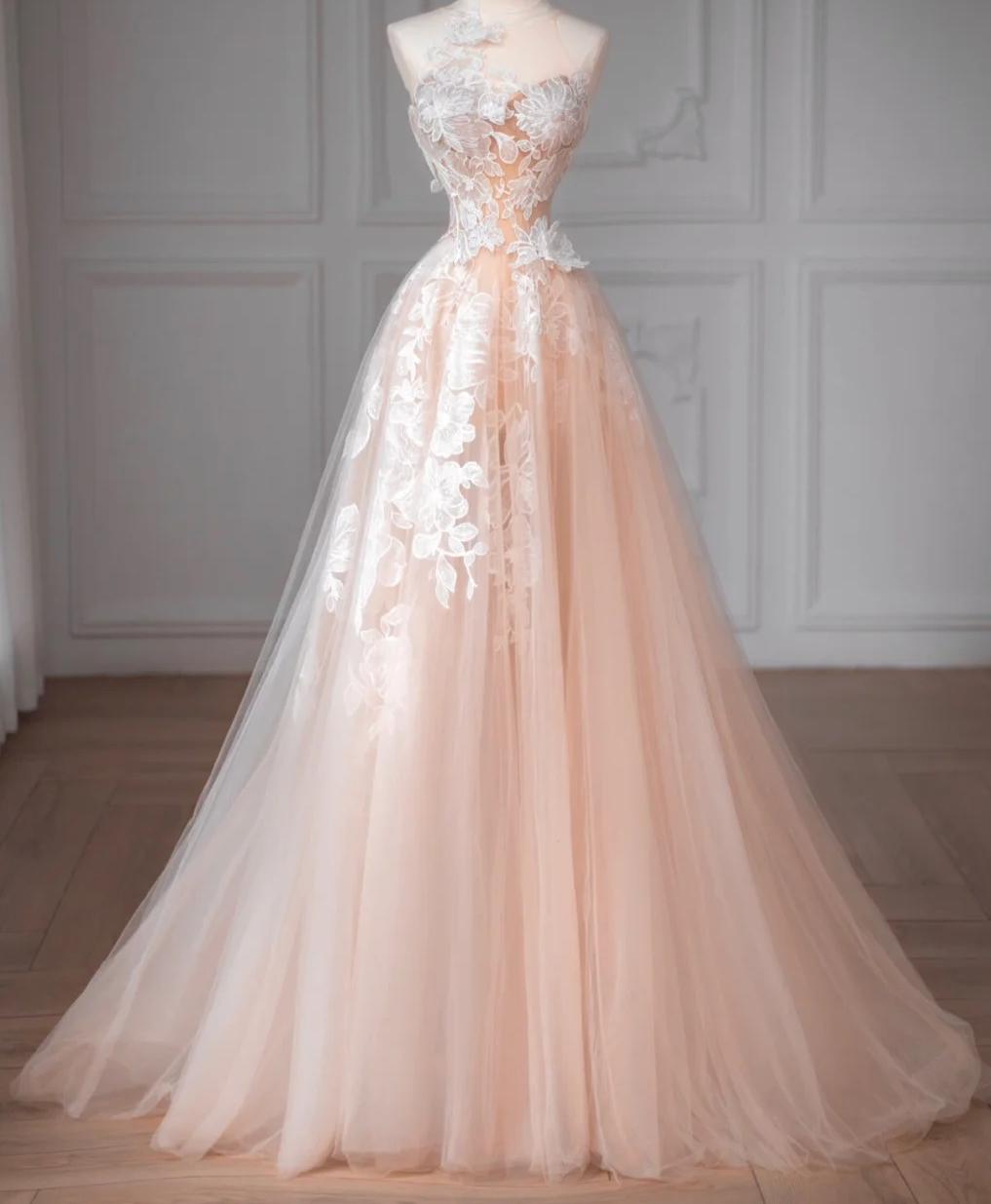 Ethereal A-line Pink Long Evening Dress Sweetheart Lace Prom Dress TH094