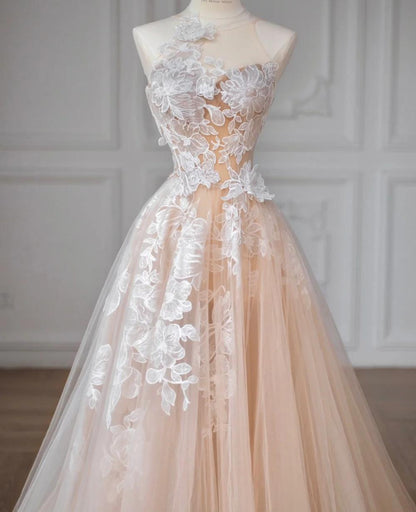 Ethereal A-line Pink Long Evening Dress Sweetheart Lace Prom Dress TH094