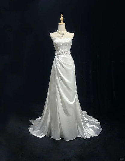 Elegant A-line Satin Long Off-the-Shoulder Wedding Dress TH096