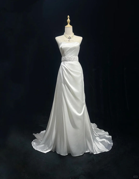 Elegant A-line Satin Long Off-the-Shoulder Wedding Dress TH096