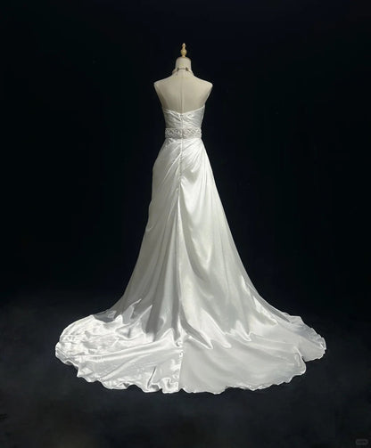 Elegant A-line Satin Long Off-the-Shoulder Wedding Dress TH096
