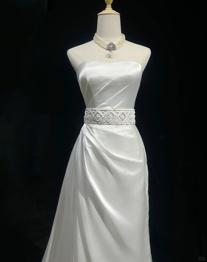 Elegant A-line Satin Long Off-the-Shoulder Wedding Dress TH096