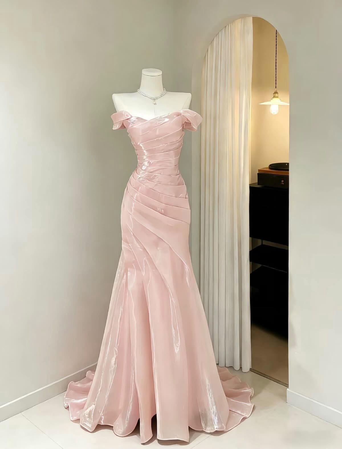 Ethereal Sheath Pink Long Evening Dress Off-the-Shoulder Satin Pleated Prom Dress TH099