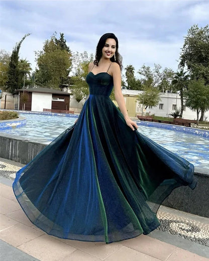 Ethereal A-line Blue Long Evening Dress Spaghetti Straps Tulle Prom Dress TH100