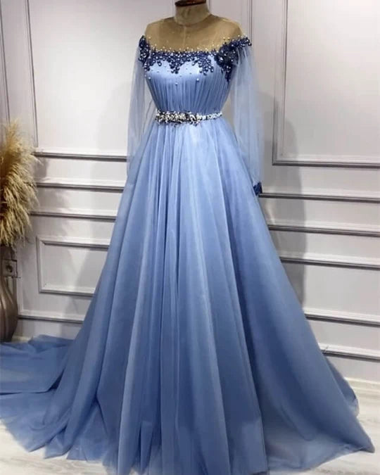 Ethereal A-line Blue Long Evening Dress Off-the-Shoulder Beaded Tulle Prom Dress TH101