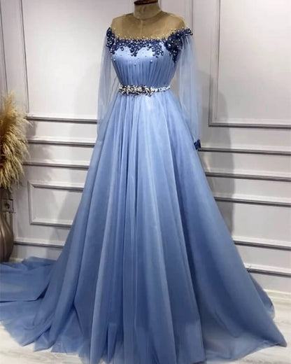 Ethereal A-line Blue Long Evening Dress Off-the-Shoulder Beaded Tulle Prom Dress TH101