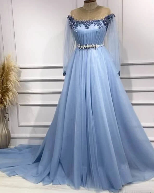 Ethereal A-line Blue Long Evening Dress Off-the-Shoulder Beaded Tulle Prom Dress TH101