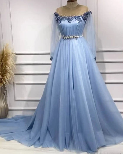 Ethereal A-line Blue Long Evening Dress Off-the-Shoulder Beaded Tulle Prom Dress TH101