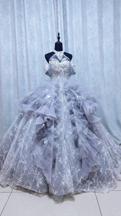 Ethereal Ball Gown Blue Long Evening Dress Halter Neck Beaded Lace Prom Dress TH104