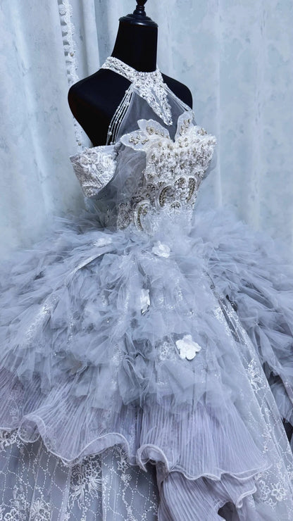Ethereal Ball Gown Blue Long Evening Dress Halter Neck Beaded Lace Prom Dress TH104