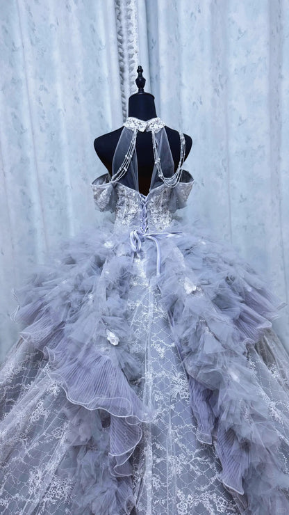 Ethereal Ball Gown Blue Long Evening Dress Halter Neck Beaded Lace Prom Dress TH104