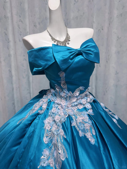 Elegant Ball Gown Blue Long Evening Dress Off-the-Shoulder Satin Prom Dress TH105