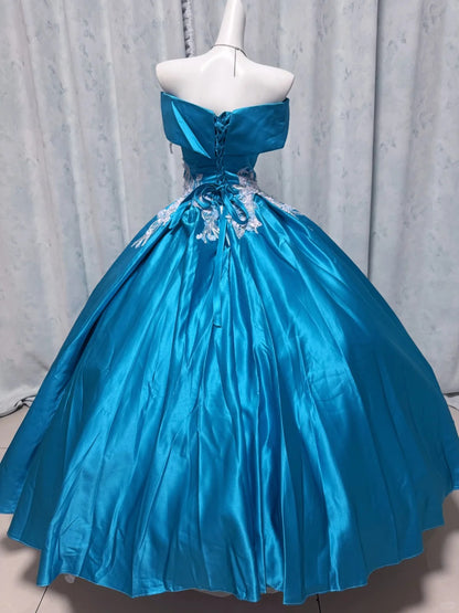 Elegant Ball Gown Blue Long Evening Dress Off-the-Shoulder Satin Prom Dress TH105