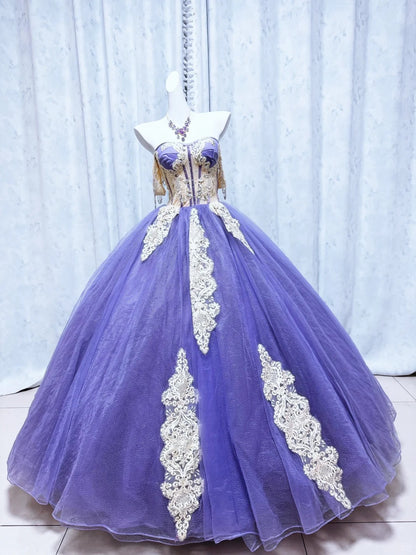Elegant Ball Gown Purple appliqué Long Evening Dress Sweetheart Tulle Prom Dress TH106