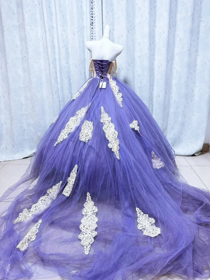 Elegant Ball Gown Purple appliqué Long Evening Dress Sweetheart Tulle Prom Dress TH106