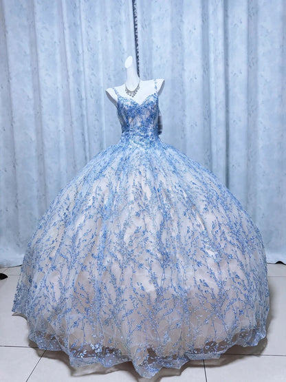Elegant Ball Gown Blue Long Evening Dress Spaghetti Straps Lace Prom Dress TH108
