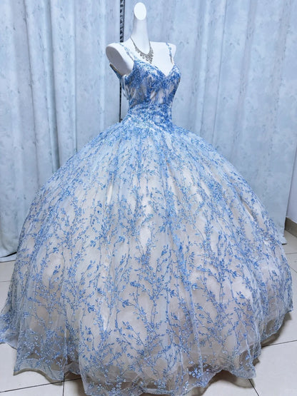 Elegant Ball Gown Blue Long Evening Dress Spaghetti Straps Lace Prom Dress TH108