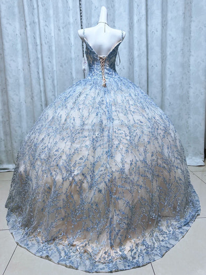 Elegant Ball Gown Blue Long Evening Dress Spaghetti Straps Lace Prom Dress TH108