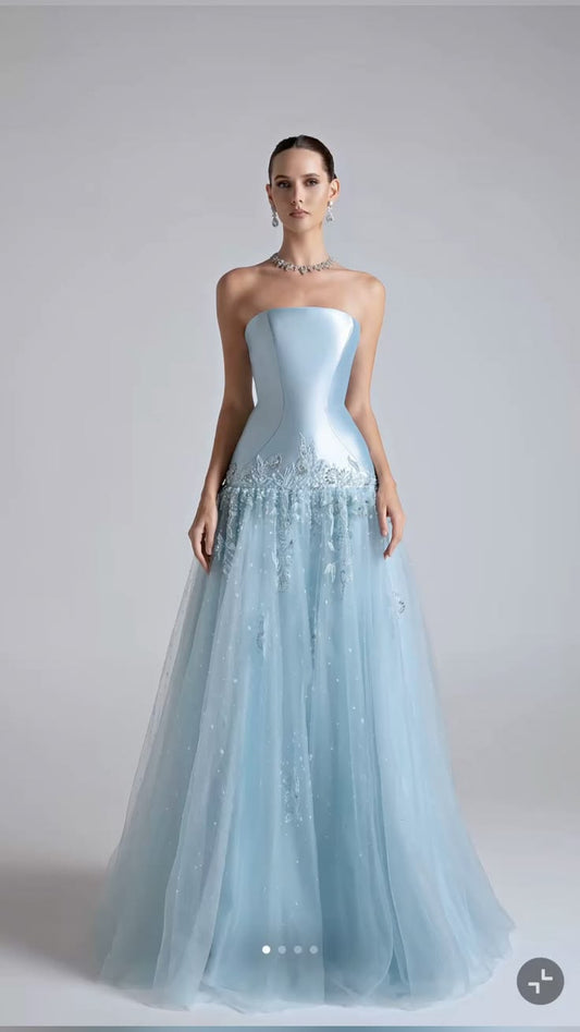 Elegant A-line Blue Long Evening Dress Off-the-Shoulder Tulle Prom Dress TH119