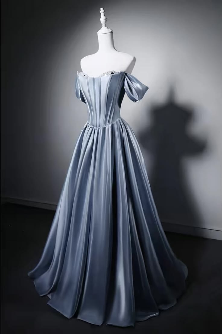 Elegant A-line Blue Long Evening Dress Off-the-Shoulder Satin Prom Dress TH121