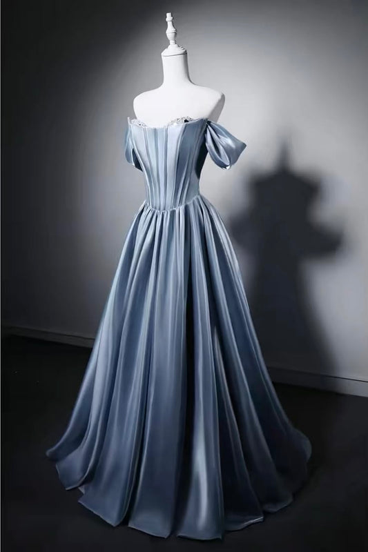 Elegant A-line Blue Long Evening Dress Off-the-Shoulder Satin Prom Dress TH121
