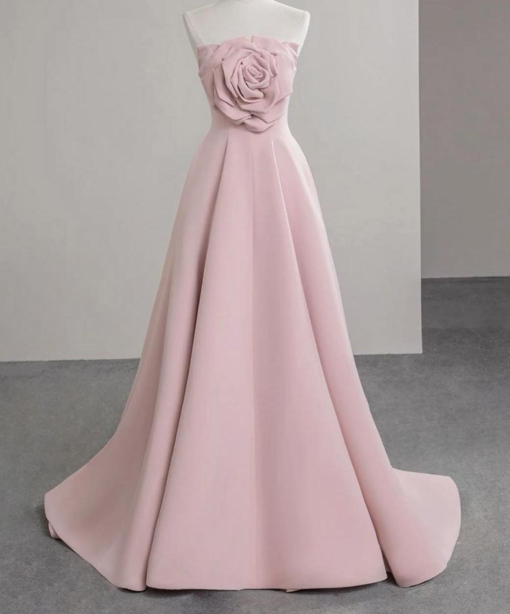 Elegant A-line Pink 3D floral appliqué Long Evening Dress Off-the-Shoulder Satin Prom Dress TH122