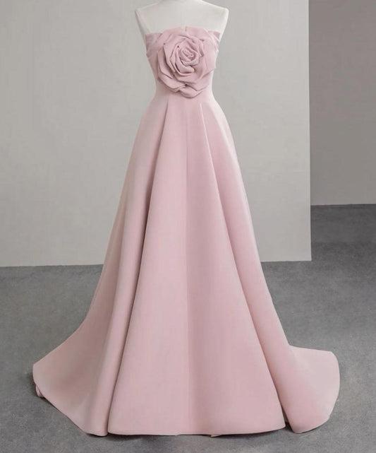 Elegant A-line Pink 3D floral appliqué Long Evening Dress Off-the-Shoulder Satin Prom Dress TH122