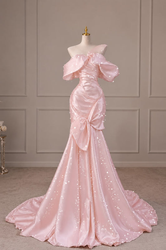 Elegant Mermaid Pink Long Evening Dress Off-the-Shoulder Satin Prom Dress TH123