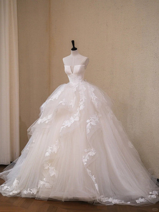 Elegant Ball Gown Lace Long Wedding Dress V Neck Prom Dress TH126