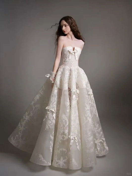 Elegant A-line Lace Long Wedding Dress Off-the-Shoulder Prom Dress TH127