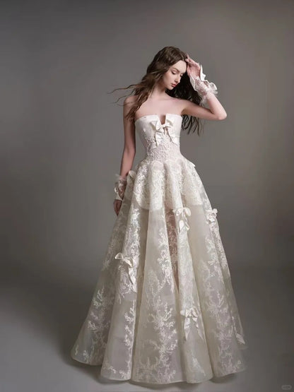 Elegant A-line Lace Long Wedding Dress Off-the-Shoulder Prom Dress TH127