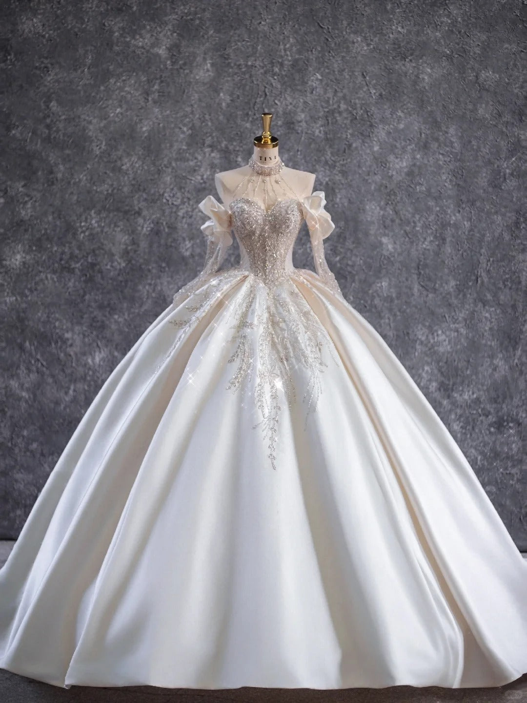 Elegant Ball Gown Satin Long Wedding Dress Off-the-Shoulder Beaded Prom Dress TH128