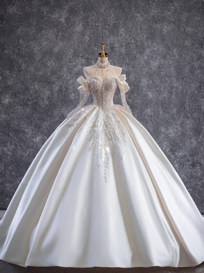 Elegant Ball Gown Satin Long Wedding Dress Off-the-Shoulder Beaded Prom Dress TH128