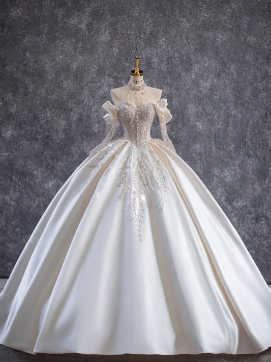 Elegant Ball Gown Satin Long Wedding Dress Off-the-Shoulder Beaded Prom Dress TH128