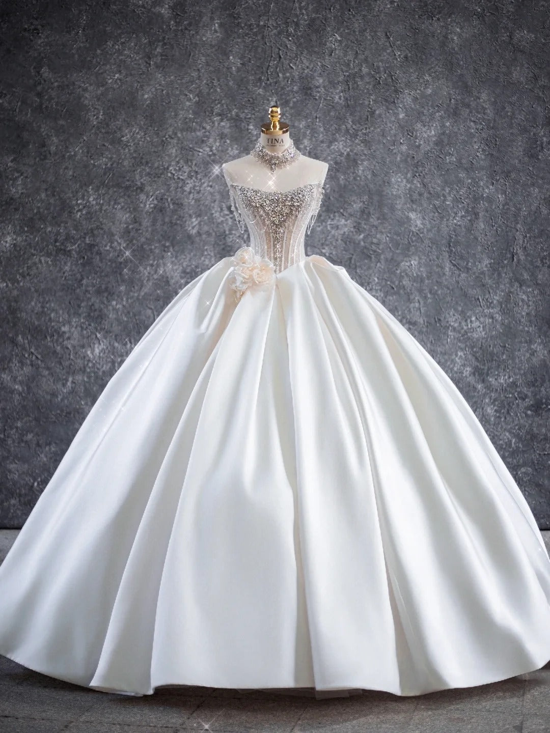 Elegant Ball Gown Satin Long Wedding Dress Off-the-Shoulder Beaded Prom Dress TH128