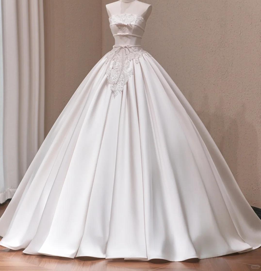 Elegant Ball Gown Satin Long Wedding Dress Off-the-Shoulder Prom Dress TH132