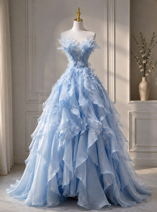 Ethereal A-line Blue Pleated Long Evening Dress Sweetheart Tulle Prom Dress TH134