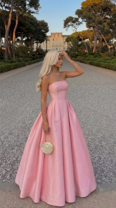 Elegant A-line Pink Long Evening Dress Strapless Satin Prom Dress TH141