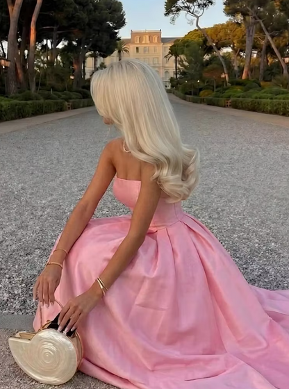 Elegant A-line Pink Long Evening Dress Strapless Satin Prom Dress TH141