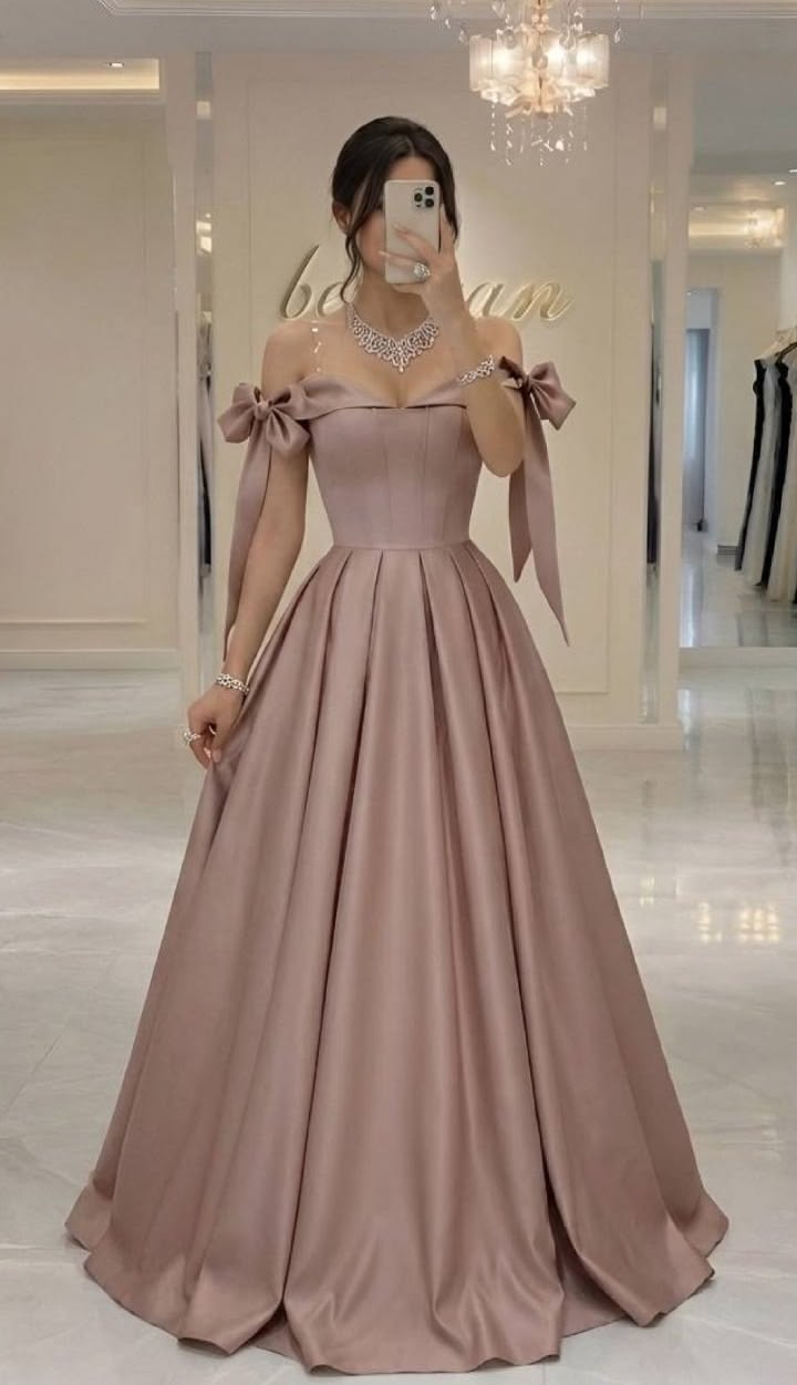 Elegant A-line Champagne Long Evening Dress Off-the-Shoulder Satin Prom Dress TH146