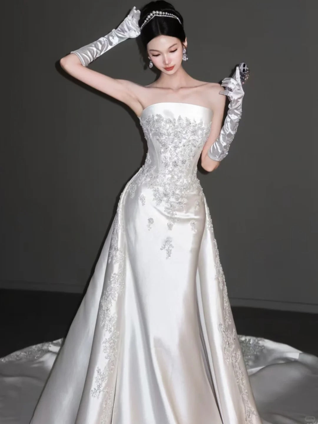 Elegant A-line Beaded White Long Evening Dress Off-the-Shoulder Satin Prom Dress TH150