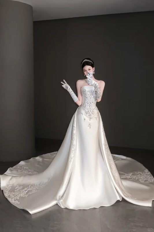 Elegant A-line Beaded White Long Evening Dress Off-the-Shoulder Satin Prom Dress TH150
