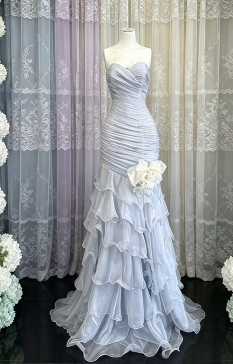Elegant Sheath Blue Pleated Long Evening Dress Sweetheart Tulle Prom Dress TH153