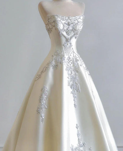 Elegant A-line Off-the-Shoulder Long Wedding Dress Embroidery Satin White Prom Dress TH155