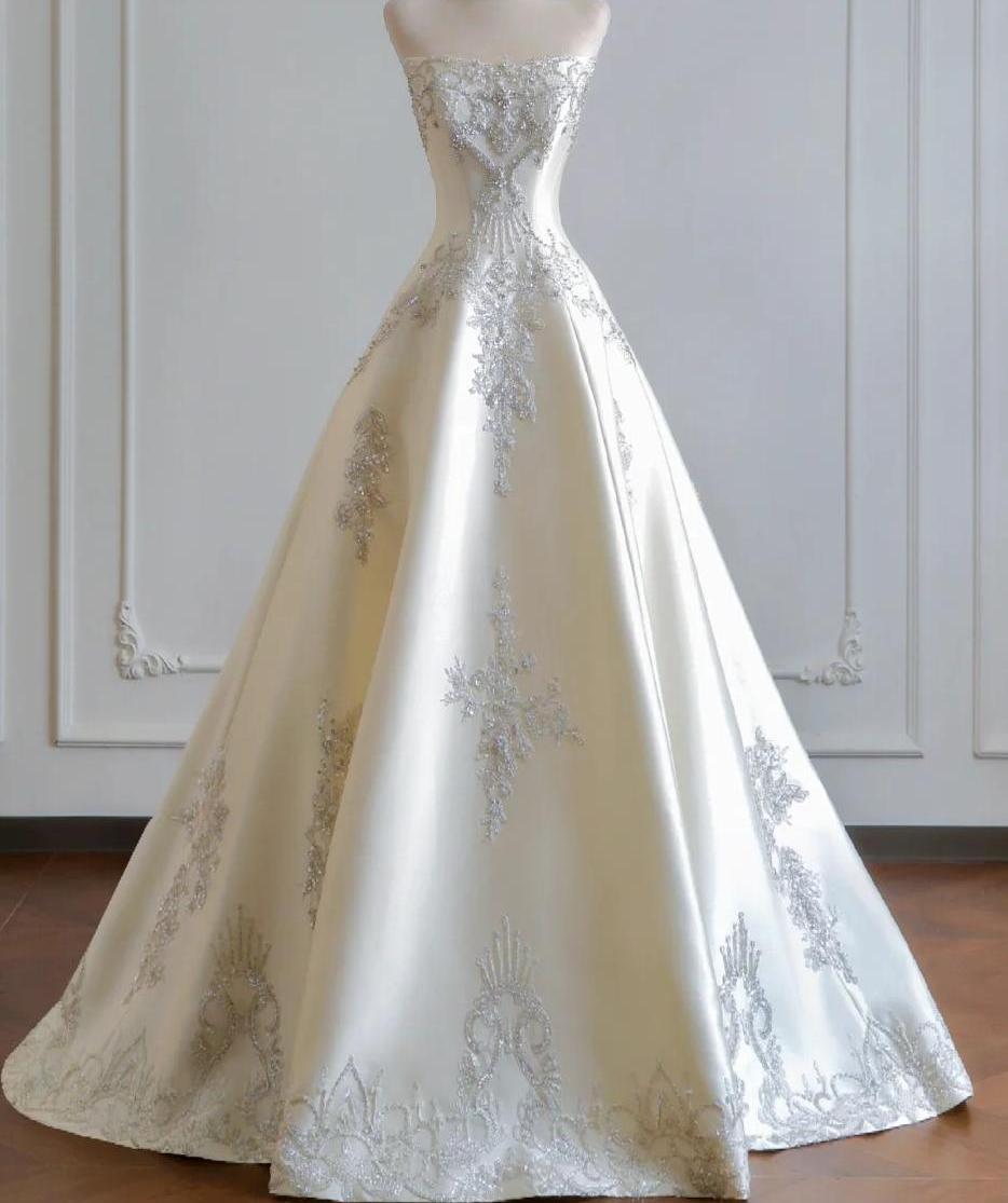 Elegant A-line Off-the-Shoulder Long Wedding Dress Embroidery Satin White Prom Dress TH155