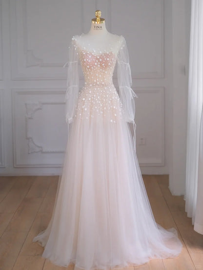 Elegant A-line Sweetheart Long Wedding Dress Tulle White Prom Dress TH157