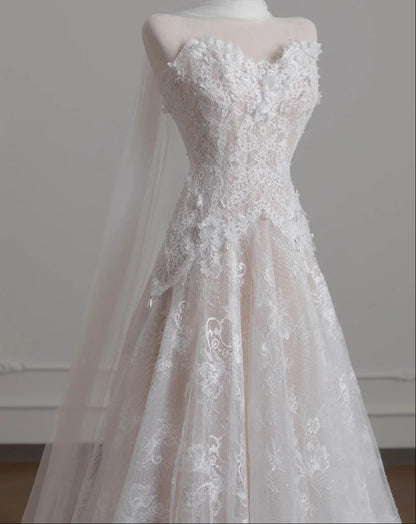 Elegant A-line Sweetheart Long Wedding Dress Lace White Prom Dress TH158